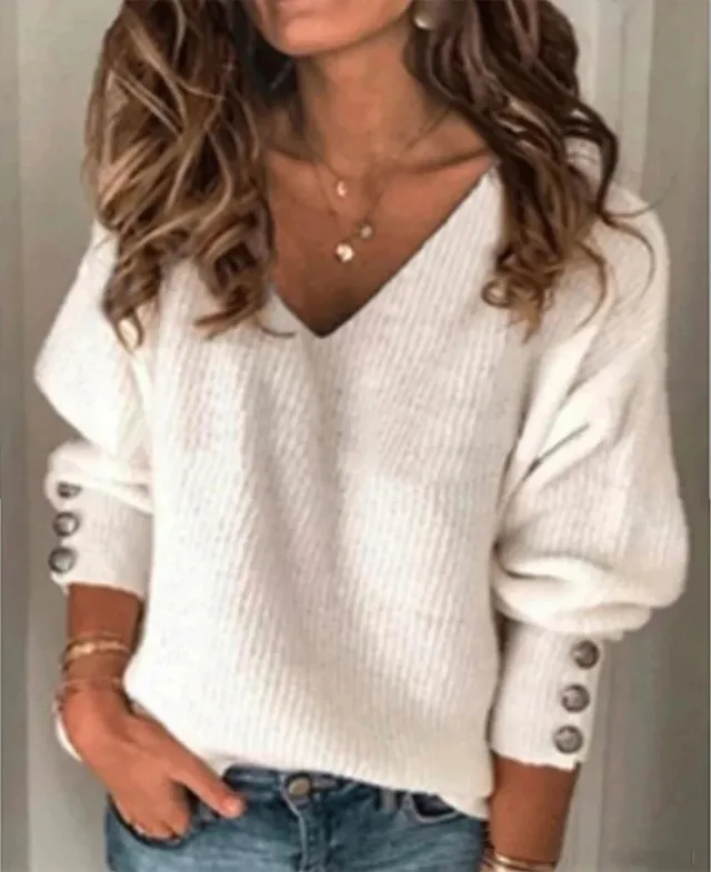 All match Knitted V neck Loose Long sleeved T shirt White - Shop at LoveMi
