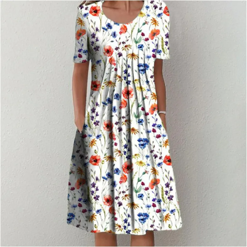 Spring And Summer Women's Elegant Large Swing Round Neck Printed Short Sleeve Dress - No 3 Color-Xxxl