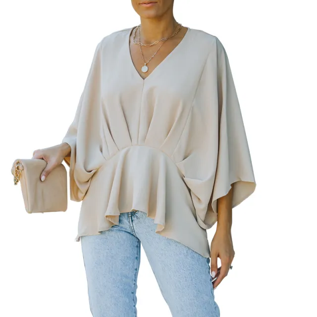 Bat Three quarter Sleeve Waist Slimming Chiffon Shirt Women's New Solid Color Casual Top Lc25114433 Apricot - Shop at LoveMi