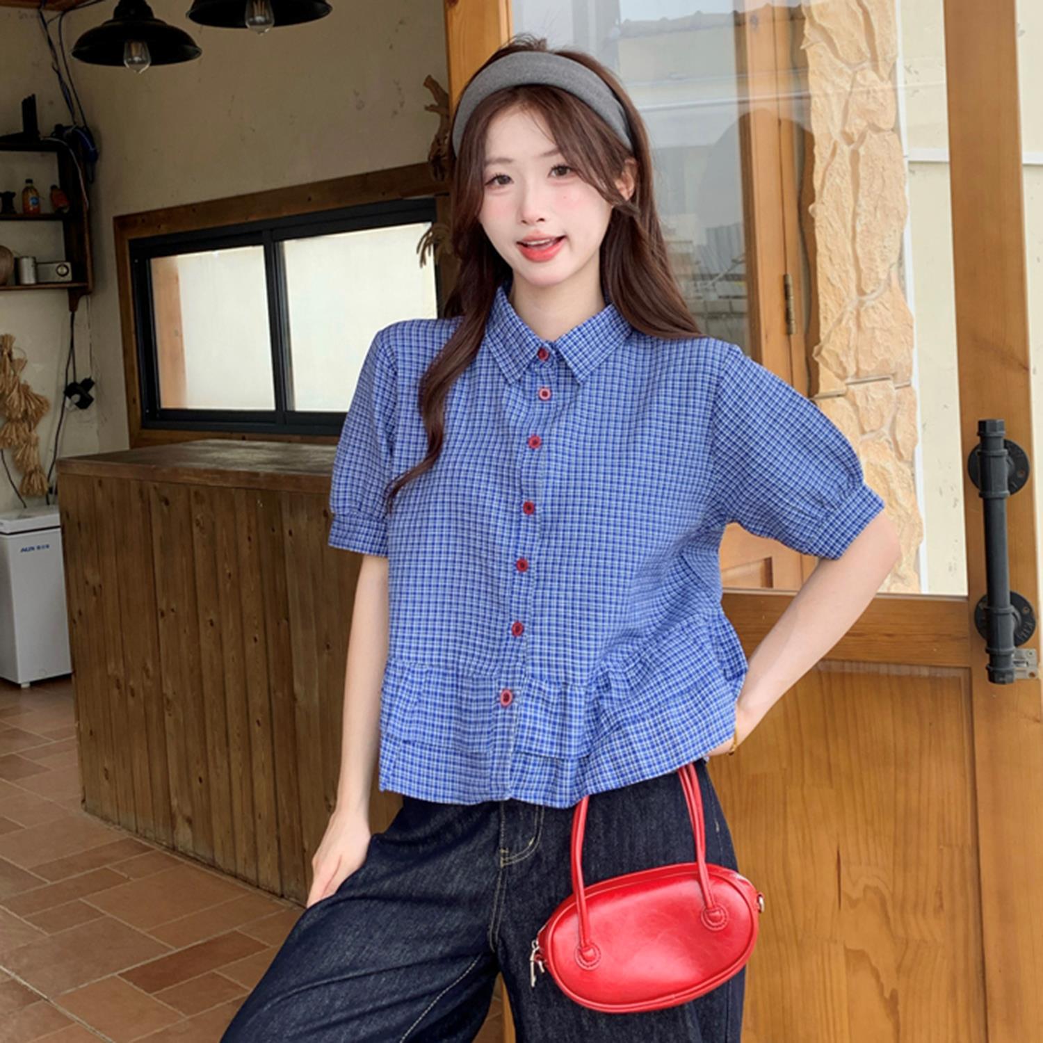 French-style Sweet Ruffle-trimmed Blue Plaid Short-sleeve Shirt
