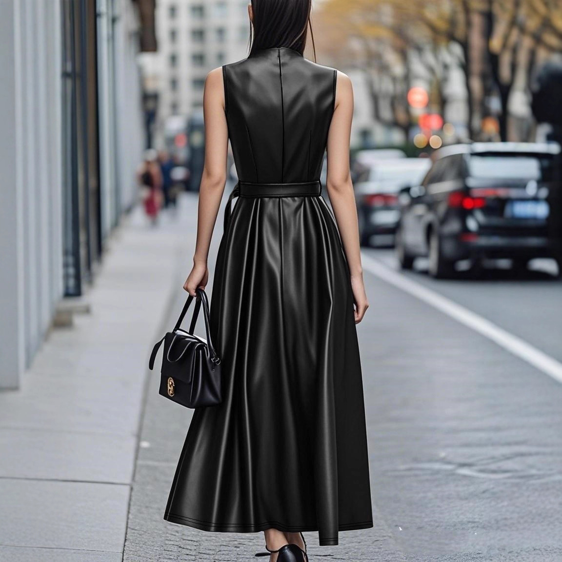 Fashionable Temperamental All-match Round Neck Sleeveless Belt Long Dress