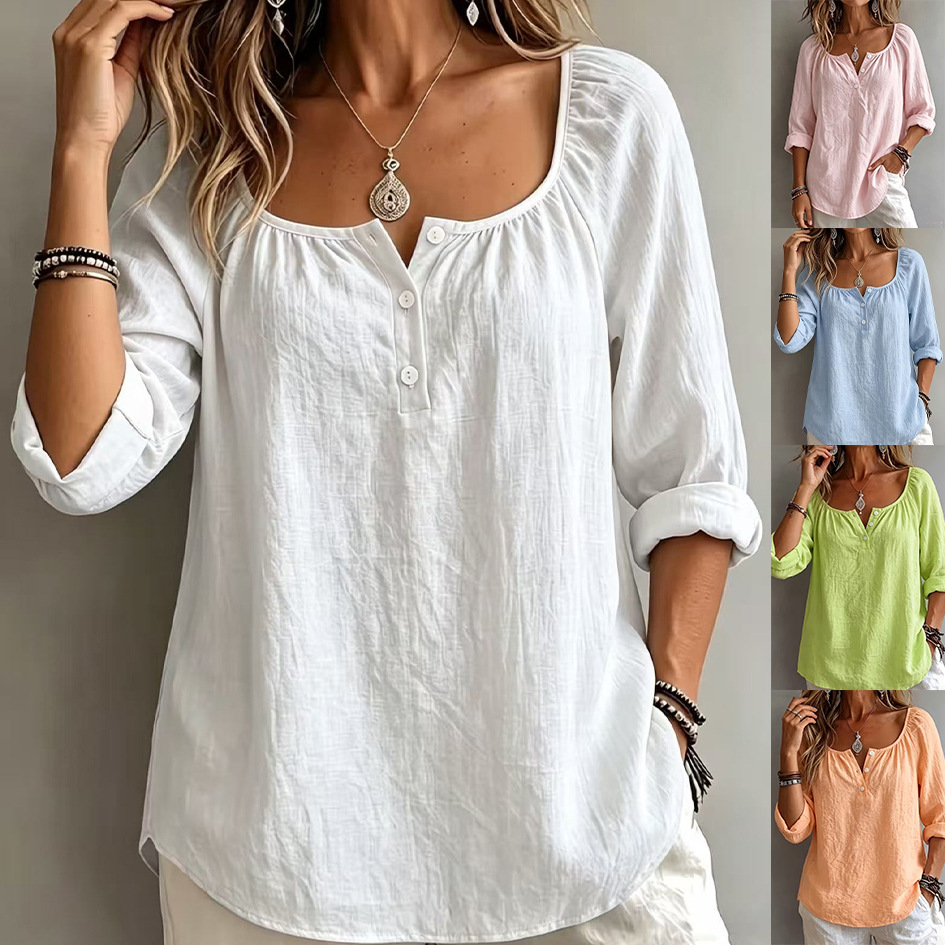 Casual V-neck Long-sleeve Pullover Womens T-shirt In Solid Colors And Multiple Shades