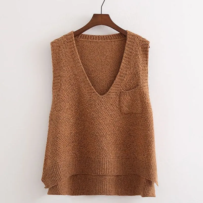 Women's Knitted Vest Spring And Autumn Plus Size Sleeveless Sweater Waistcoat Tops Outerwear Waistcoat - Tan