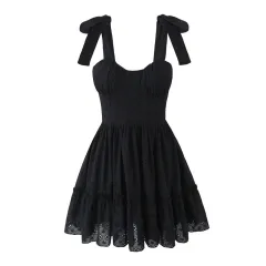 Sweet Cutout Embroidery Chic Lace Up Short Dress French Style V-neck - Lf1551 Black - View 1