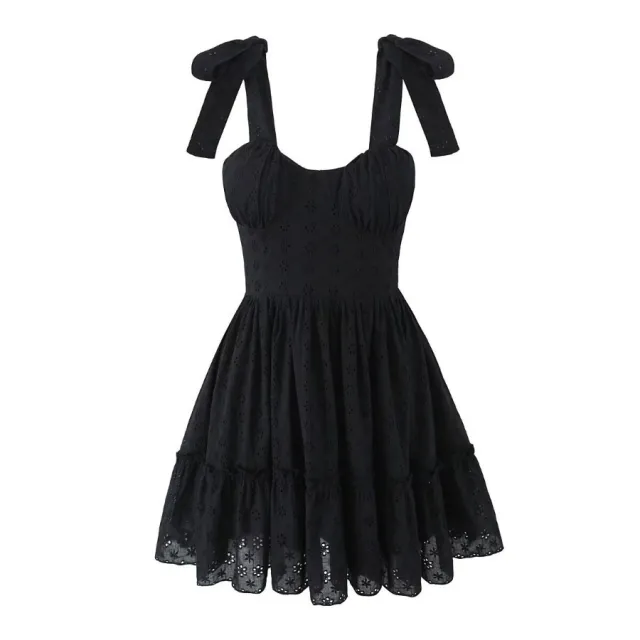 Sweet Cutout Embroidery Chic Lace Up Short Dress French Style V neck Lf1551 Black - Shop at LoveMi