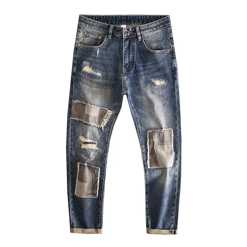 Retro Beggar Ripped Patch Jeans For Men