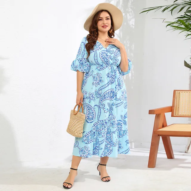 Casual Vacation Plus size Flared Sleeve Maxi Dress Blue - Shop at LoveMi
