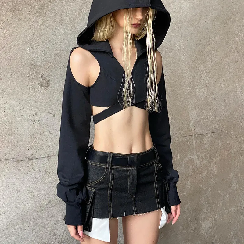 Hooded Hollow-out Cross Strap Ultra-short Top - Black