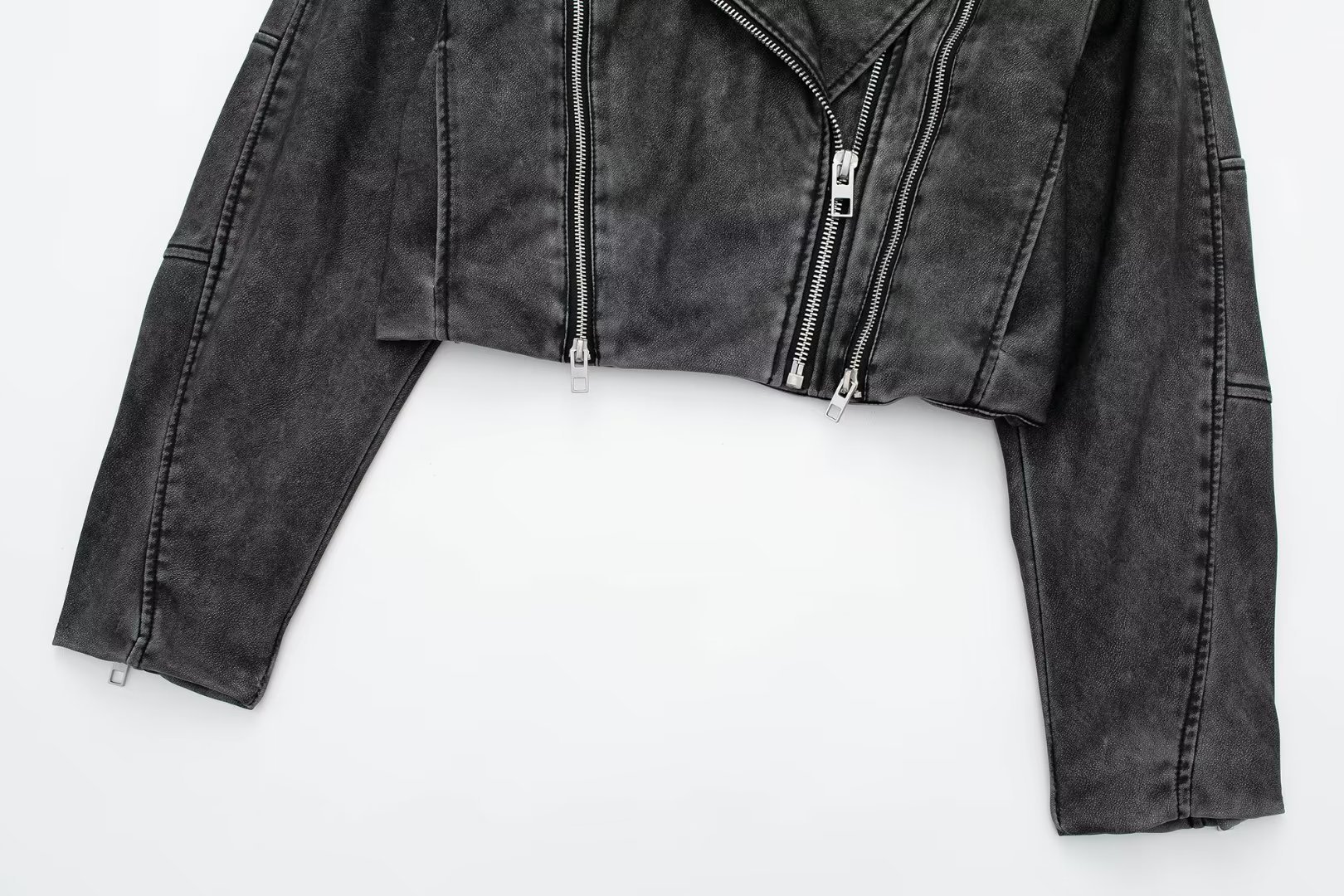 Women's Clothing Distressed Effect Imitation Leather Motorcycle Jacket Coat - Image 11