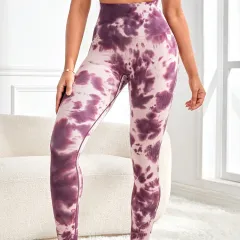 Tie-dyed Peach Hip Fitness Women High Waist Tight Stretch Yoga Pants - Dark Red - View 1