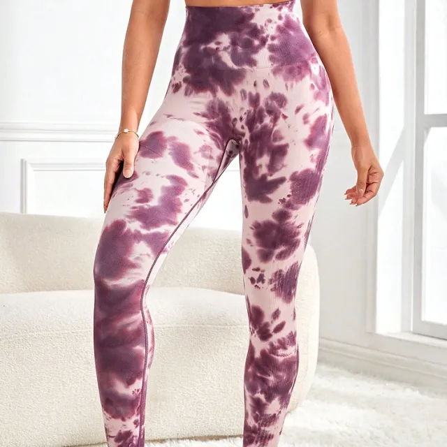 Tie dyed Peach Hip Fitness Women High Waist Tight Stretch Yoga Pants Dark Red - Shop at LoveMi