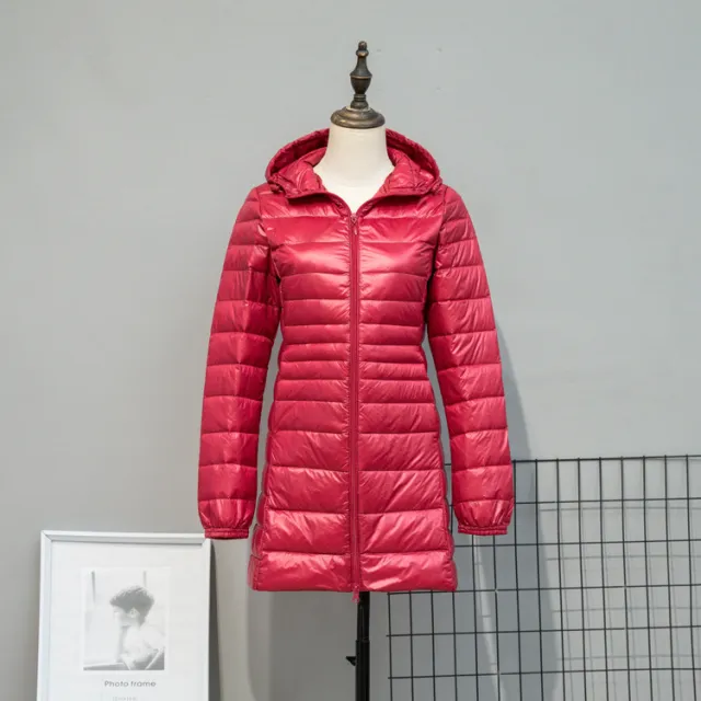 Autumn And Winter Lightweight Down Jacket Women's Mid length Plus Size Hooded Slim Fit Oversized Coat Dark Red - Shop at LoveMi