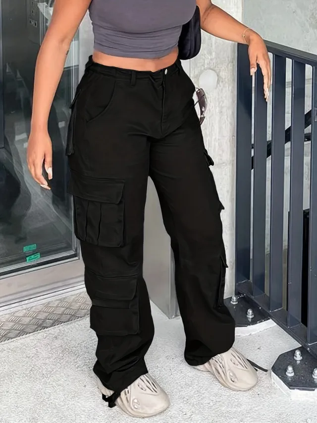 Street Multi pocket Cargo Pants Mop Pants Solid Color Loose Black - Shop at LoveMi