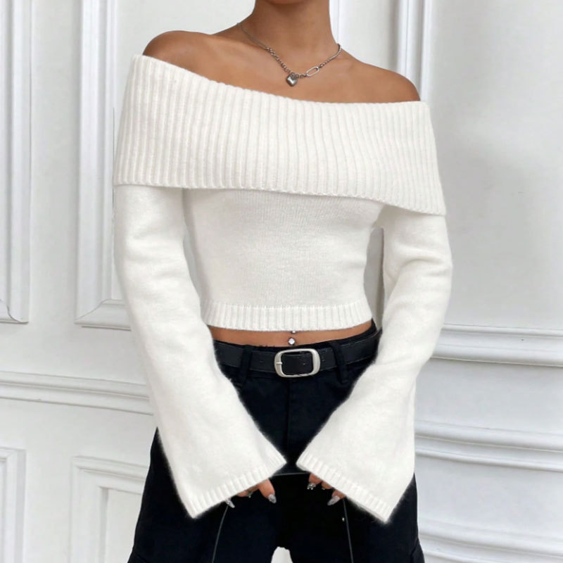Fashionable Slim-fit Off-shoulder Crew-neck Sweater For Women