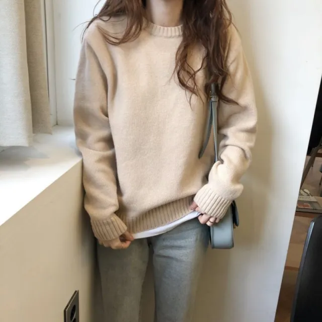 Retro Lazy Style Solid Color Pullover Soft Glutinous All matching Sweater Apricot - Shop at LoveMi