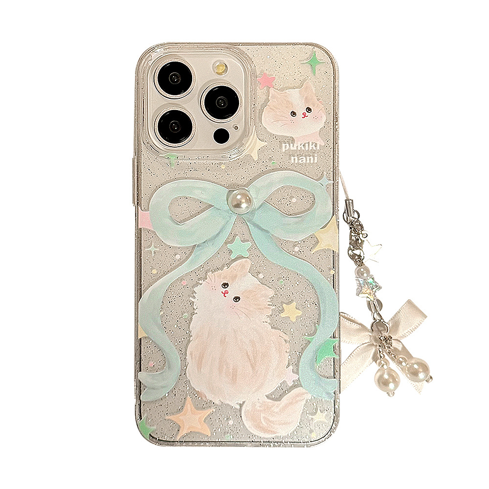 Glitter Phone Case With Bow And Cat Charm Lanyard