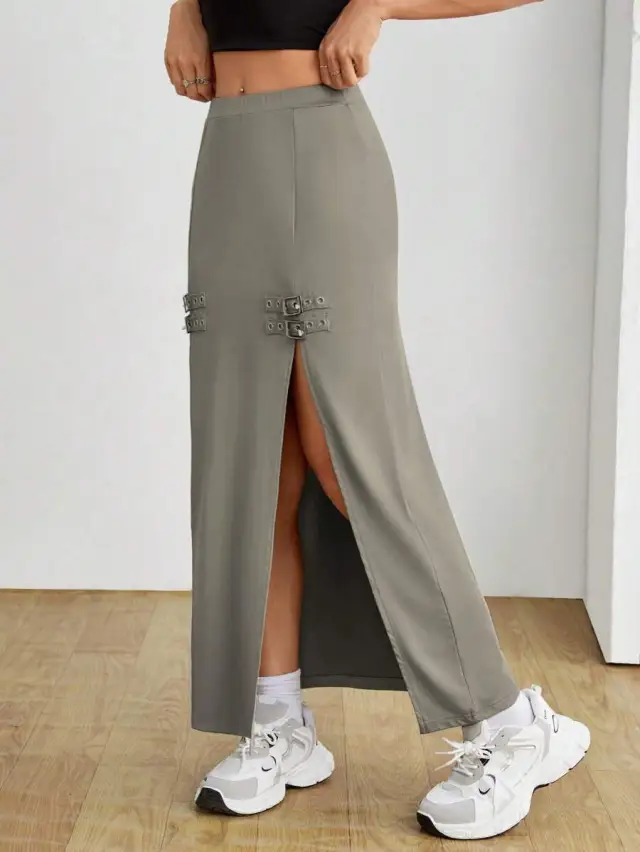 Street Slim fit Sheath High Slit Skirt Gray - Shop at LoveMi