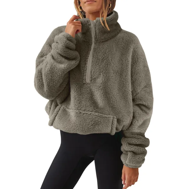 European And American Velvet Fleece lined Women's Half Zipped Stand Collar Sweater Matcha - Shop at LoveMi