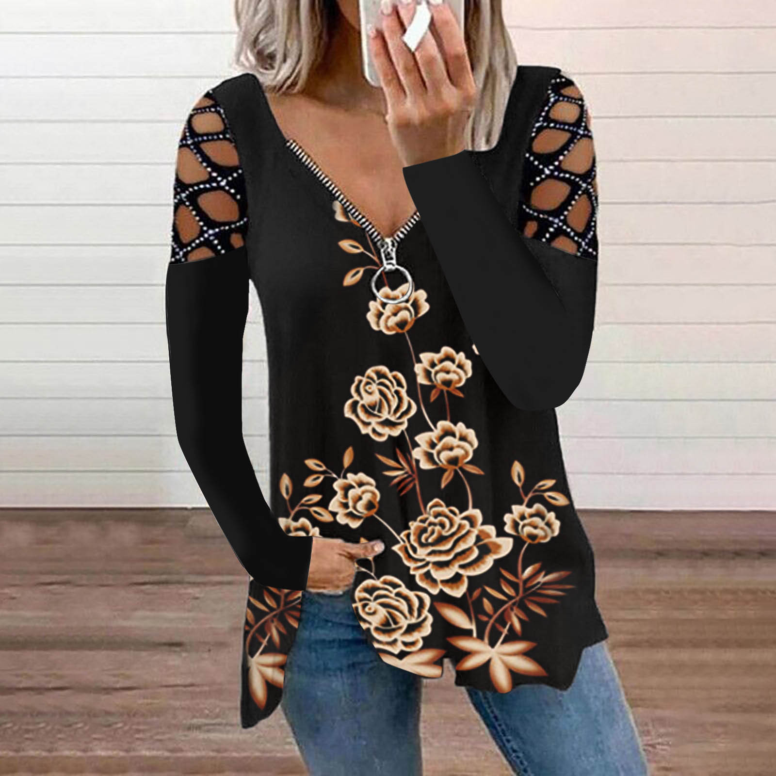 Women's V Neck Perm Drill Cutout Long Sleeve Loose T Shirt Top Flowers - Shop at LoveMi