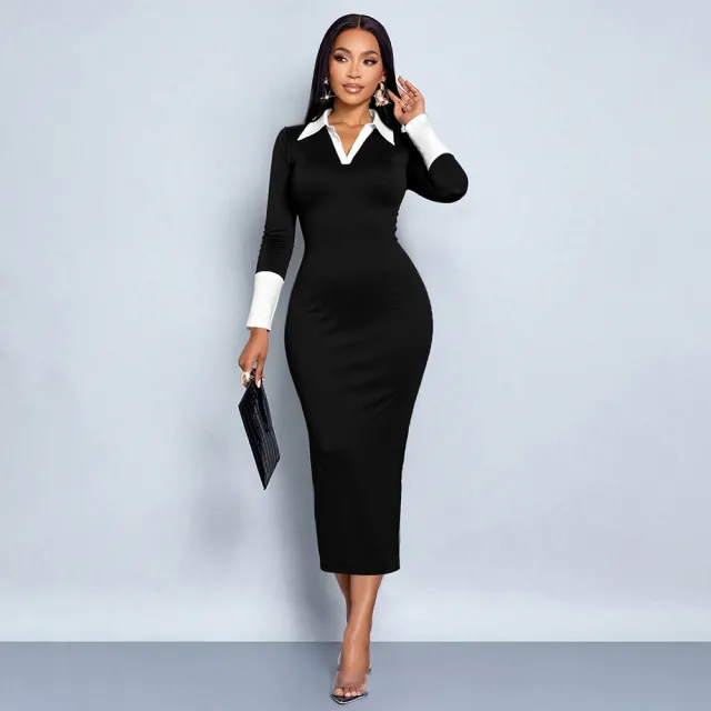 Sexy V neck Shirt Collar Spliced Slim Fit Bodycon Midi Dress For Women Black - Shop at LoveMi