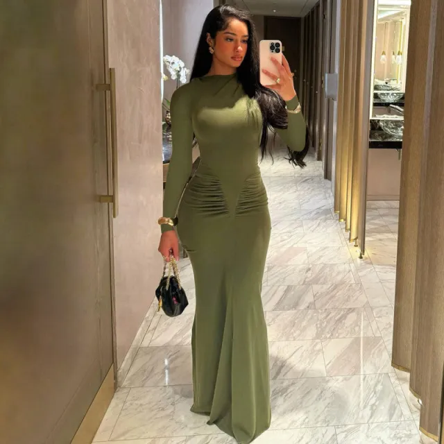 Fashionable Elegant Slim fit Pleated Round neck Long sleeved Dress Army Green - Shop at LoveMi