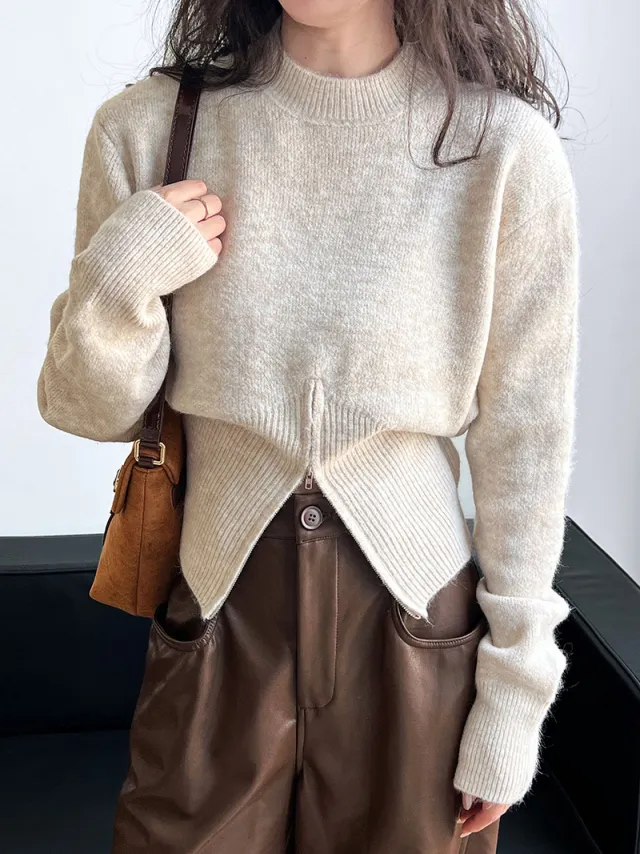 Autumn Short Zipper Sweater Western Style High Sense Special interest Design Round Neck Pullover Oatmeal Color Free Size - Shop at LoveMi