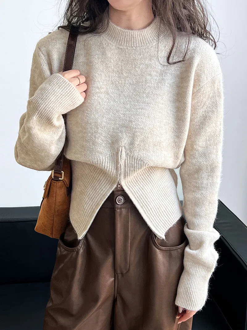 Autumn Short Zipper Sweater Western Style High Sense Special-interest Design Round Neck Pullover - Oatmeal Color-Free Size