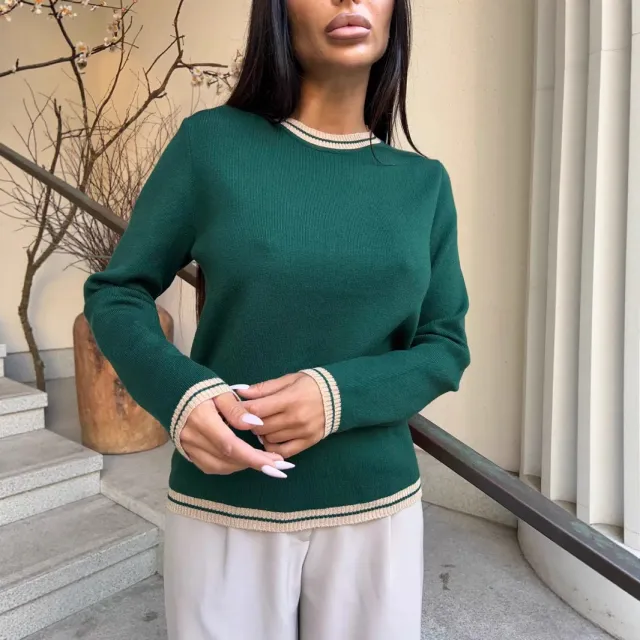 Women's All match Casual Contrast Color Sweater Green - Shop at LoveMi