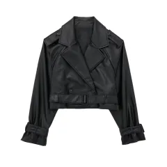 Autumn New European And American Leisure Imitation Leather Loose Short Trench Coat - Black - View 1