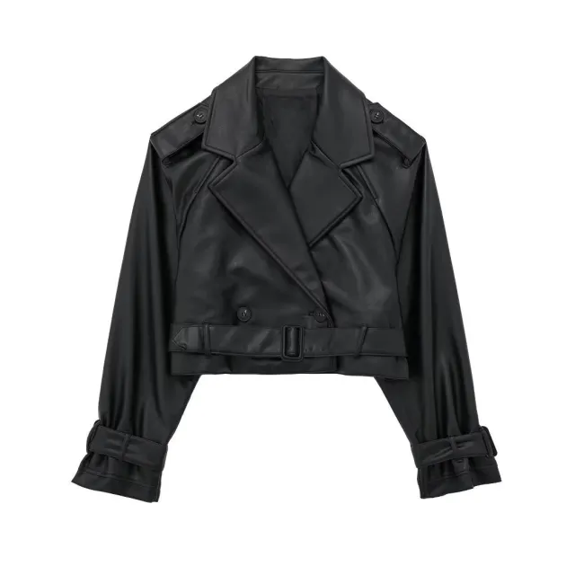 Autumn New European And American Leisure Imitation Leather Loose Short Trench Coat Black - Shop at LoveMi