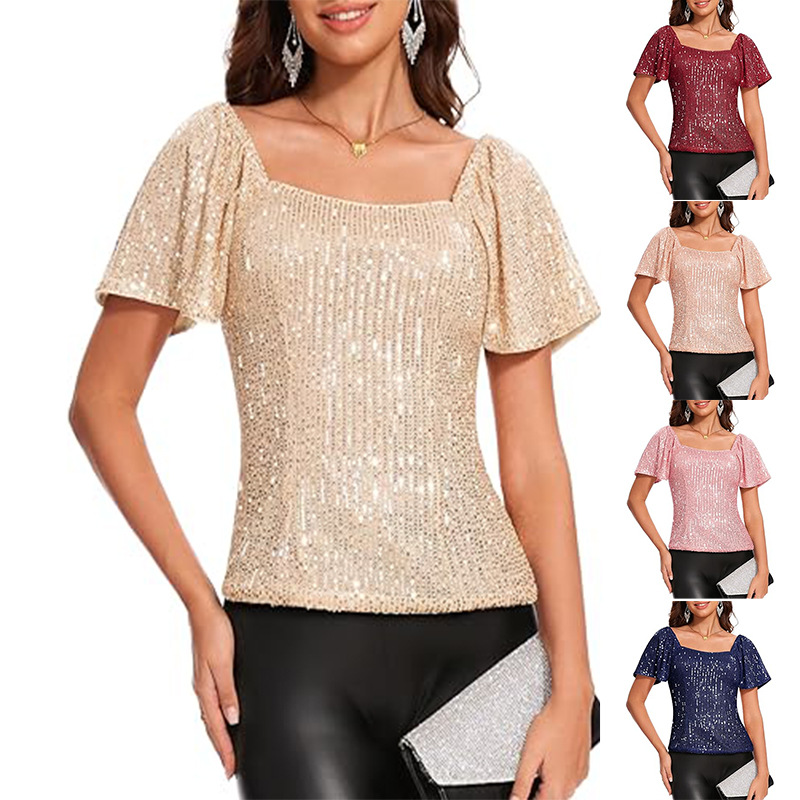 Womens Fashionable Square-neck Short-sleeve Sequin Puffed Sleeves