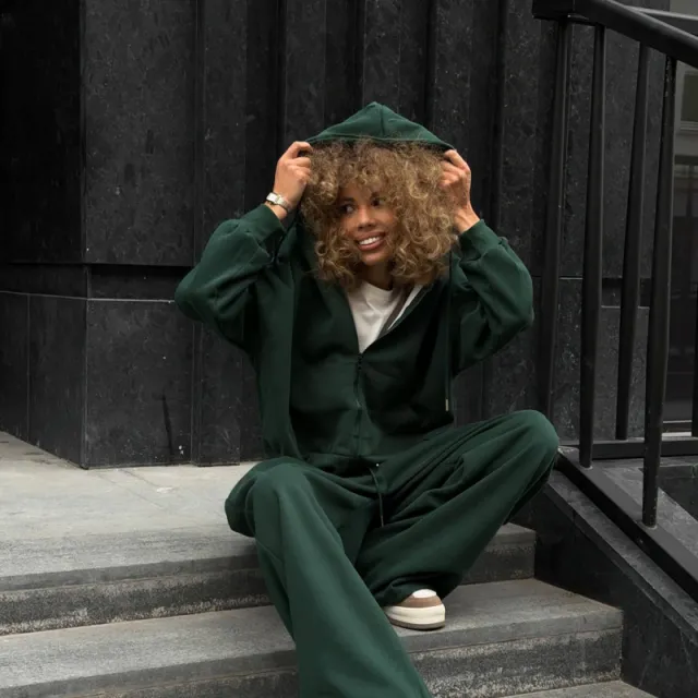 Casual Long sleeve Hooded Sport Cardigan Pants Two piece Set Cotton Suit Dark Green - Shop at LoveMi