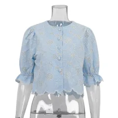 Fashion Flared Sleeves Navel-exposed Shirt Top - Blue - View 1