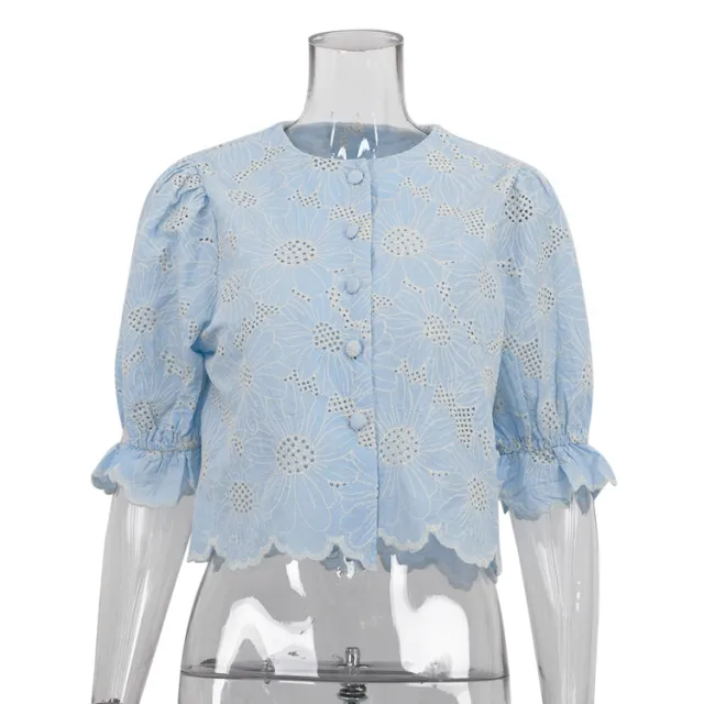 Fashion Flared Sleeves Navel exposed Shirt Top Blue - Shop at LoveMi