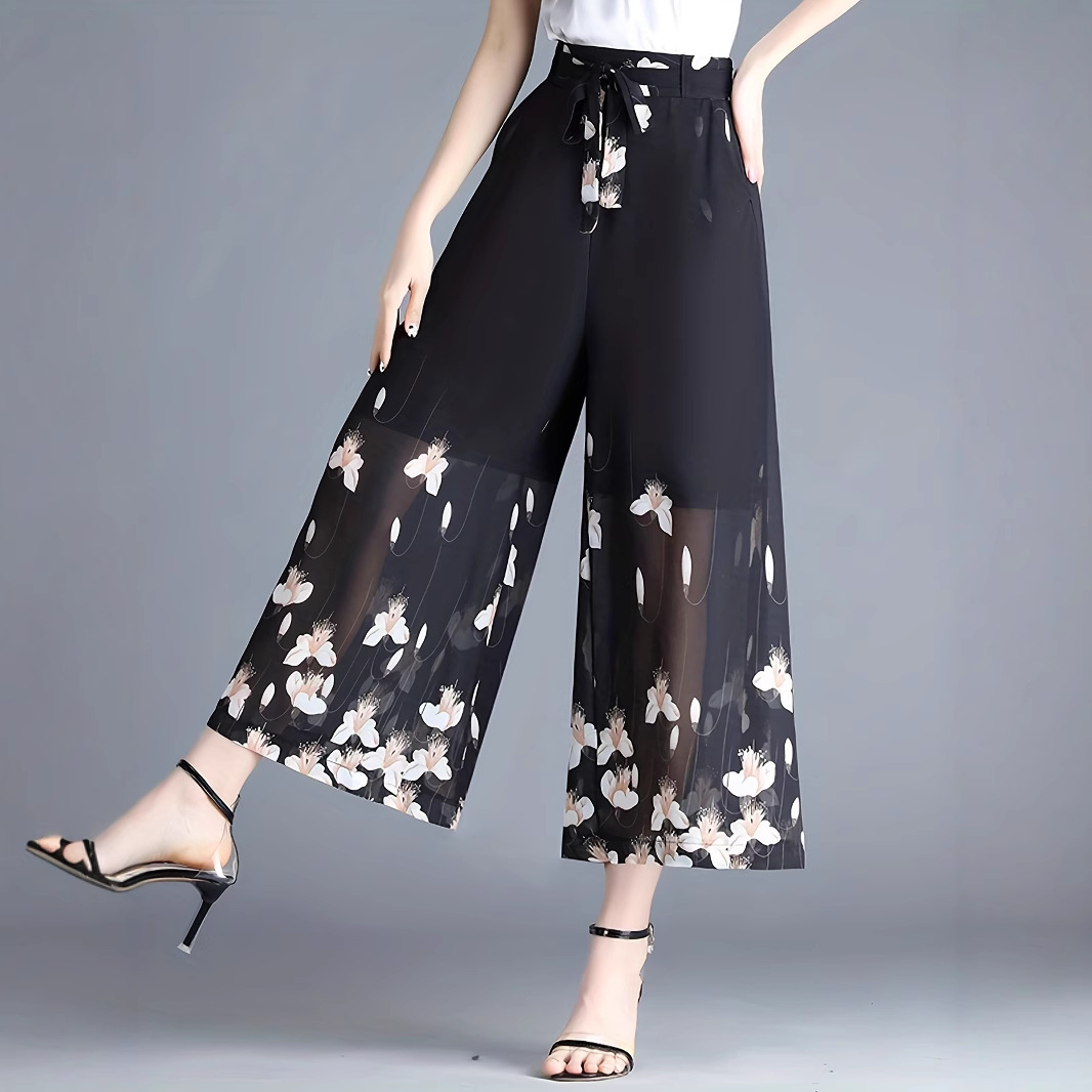 910-length Plus-size Figure-flattering Womens Flowy High-waisted Chiffon Wide-leg Pants