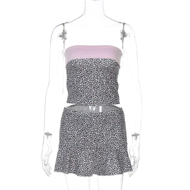 Lapel Bustier Bodycon Versatile Short Skirt Set For Women Leopard Print - Shop at LoveMi