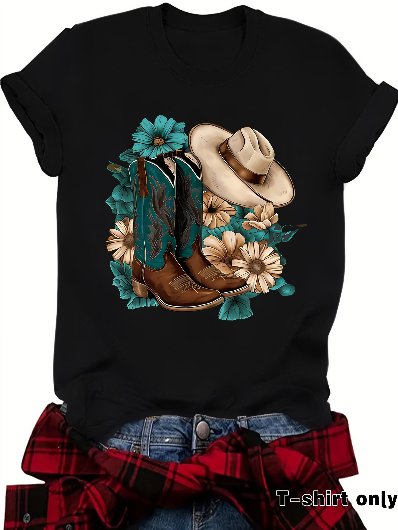 Womens Loose-fitting Fashionable Boots With A Hat Print And Short Sleeves