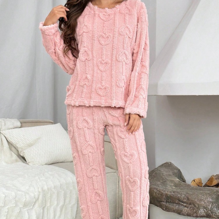 Loving-heart Jacquard Coral Fleece Top And Pants Two-piece Set