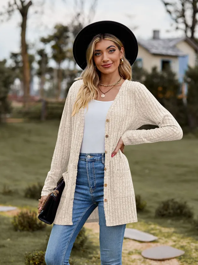 New Women's Brushed Sunken Stripe Solid Color Long Sleeve Women's Overcoat Apricot - Shop at LoveMi