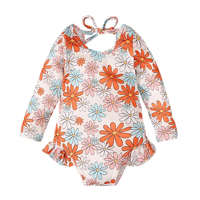 Girl's Pattern Graphic Print Crew Neck Open Back Swimsuit Orange - Shop at LoveMi