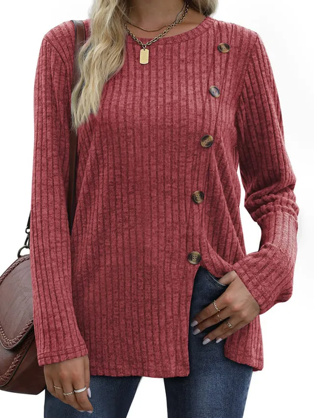Fashion Autumn Casual Solid Long Sleeve T shirt Wine - Shop at LoveMi
