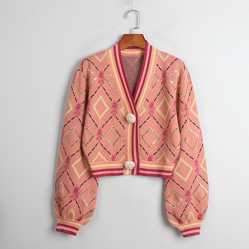 Lantern Sleeve V-neck Cardigan Vintage Diamond Plaid Sequined Short Loose Sweater Coat