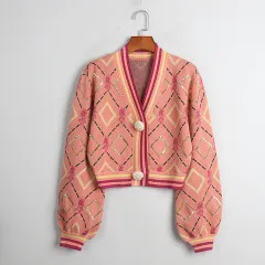 Lantern Sleeve V-neck Cardigan Vintage Diamond Plaid Sequined Short Loose Sweater Coat - Pink - View 1