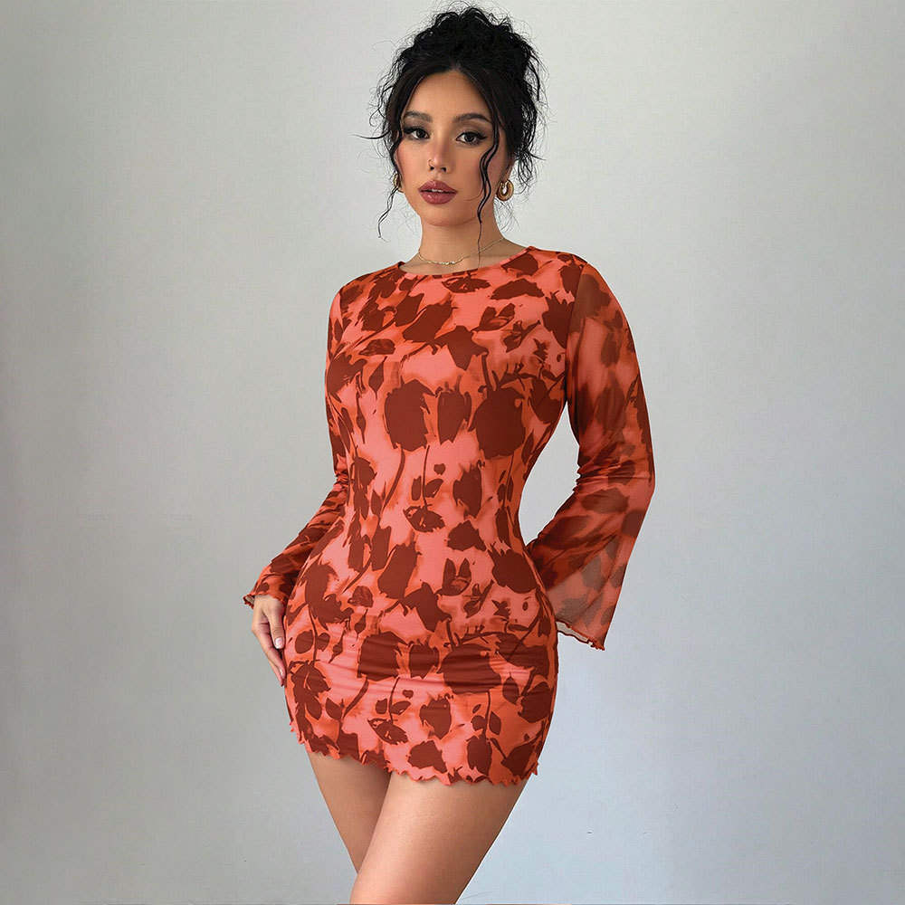 Autumn And Winter New Sexy Backless Mesh Print Long Sleeve Bodycon Dress Orange - Shop at LoveMi
