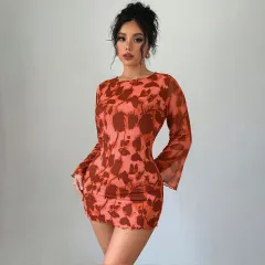 Autumn And Winter New Sexy Backless Mesh Print Long Sleeve Bodycon Dress - Orange - View 1