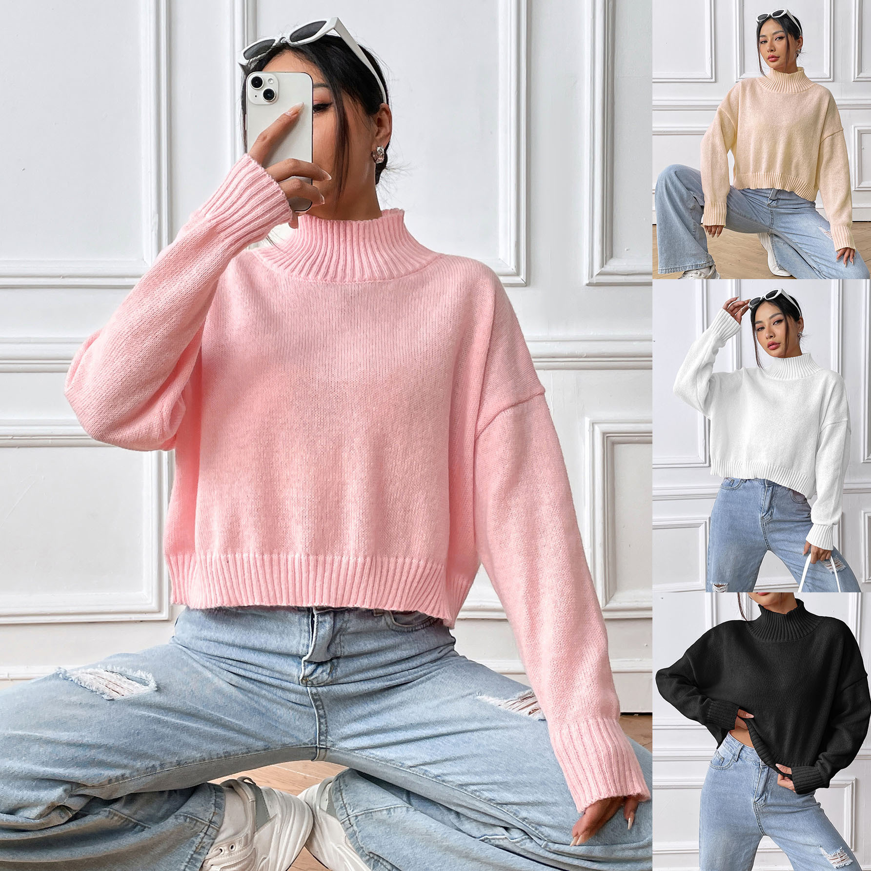 Women's Solid-color Loose-fitting High-neck Pullover Sweater