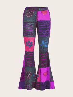 Pattern Abstract Art Style Personality Trend Tight Bootcut Pants - Purple Blue - View 1