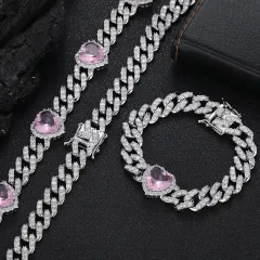 Love Pink Zircon Cuban Link Chain Women's Necklace - White Gold Powder Zirconium - View 1