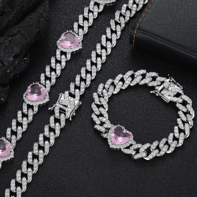 Love Pink Zircon Cuban Link Chain Women's Necklace White Gold Powder Zirconium - Shop at LoveMi