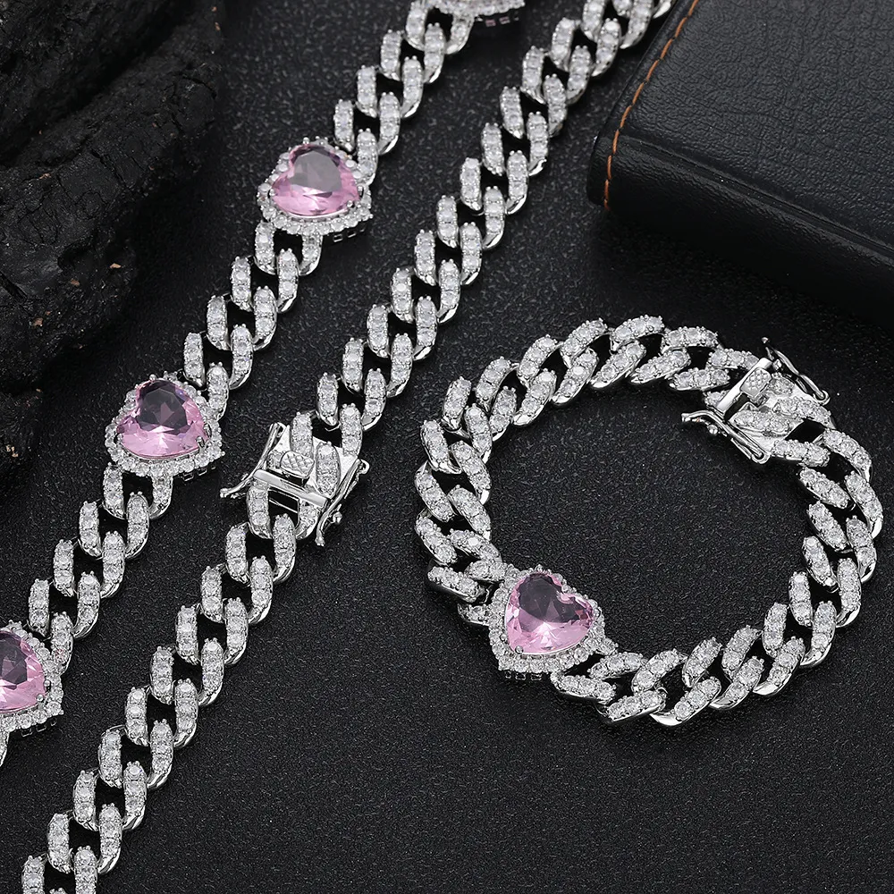Love Pink Zircon Cuban Link Chain Women's Necklace - White Gold Powder Zirconium